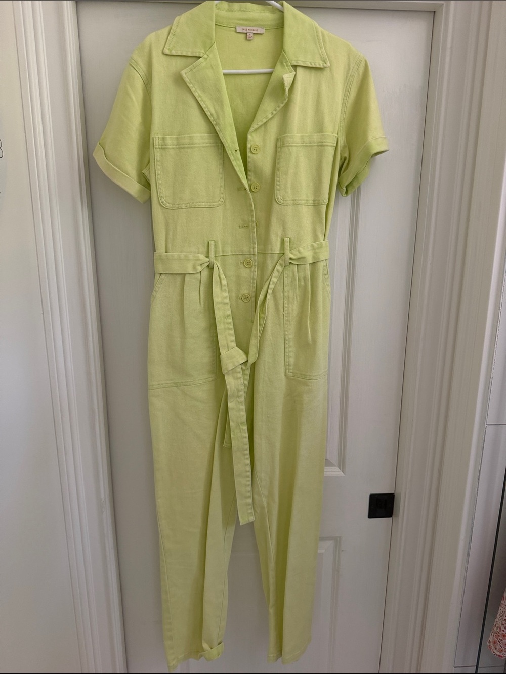 Women’s Short-Sleeve Denim Utility Jumpsuit in Lime
